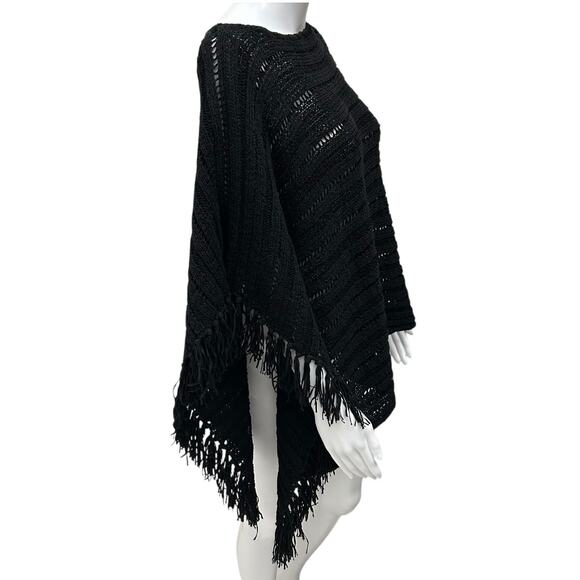 Lauren Ralph Lauren Asymmetrical Black Crochet Knit Tassel Fringe Poncho Shawl - Picture 3 of 10